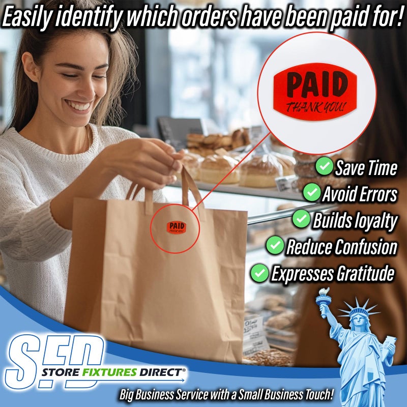 Store Fixtures Direct Paid Thank You Fluorescent Orange Self Adhesive Label, Sold Retail Stickers, .85" H x 1.2" W, 1 Roll, 1000 Pack - Image 2